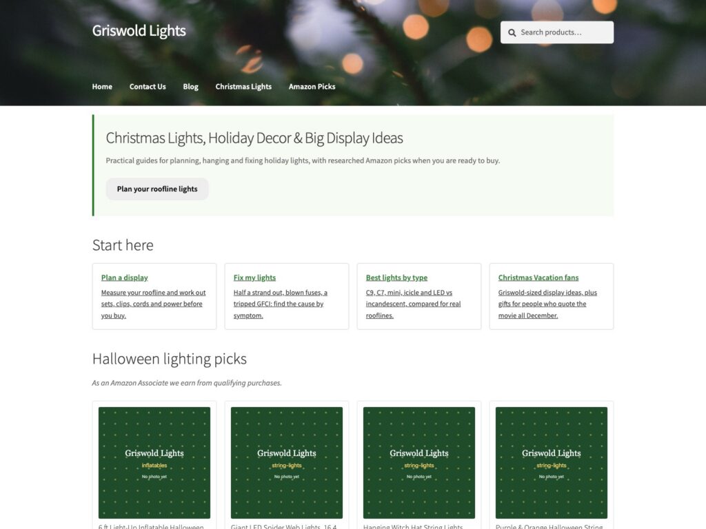 Griswold Lights homepage: Christmas light guides and seasonal Amazon picks